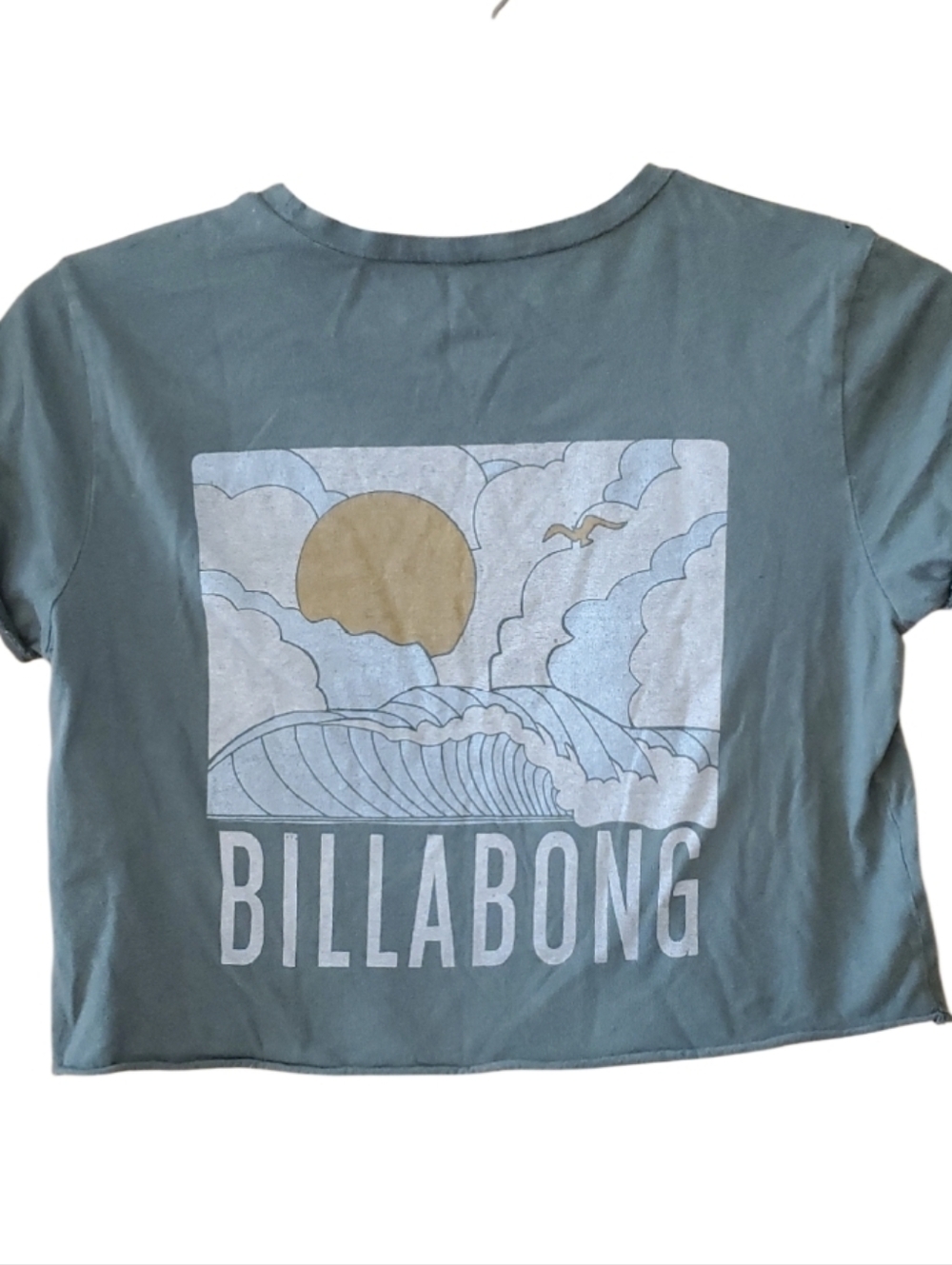 Billabong Womans Green Crop Tee With Ocean View Graphic On Back Size Small